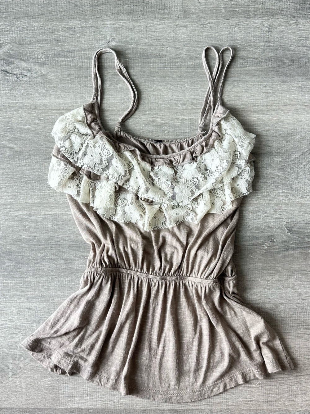 Vintage 90s USA Lace Trim Sleeveless Babydoll Top - Taupe & Ivory